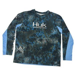 Huk Shirt Men XXL Blue Kryptex Neptune Long Sleeve Crew Neck Performance Fishing
